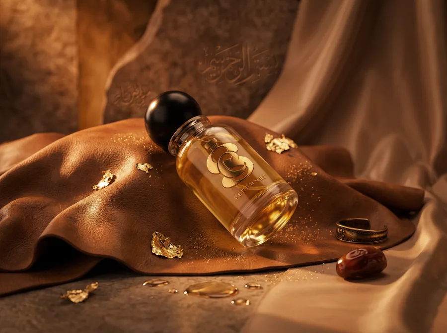 Golden perfume bottle styled with warm leather and silk