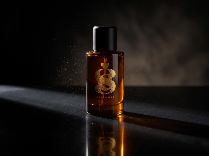 Amber fragrance bottle illuminated against a dark background