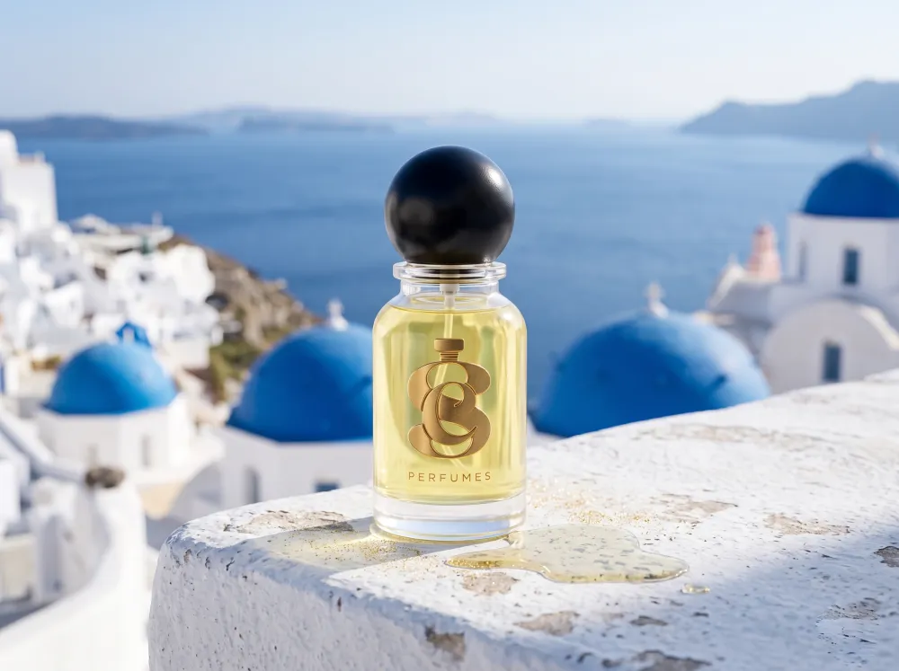 Golden perfume overlooking a Mediterranean coast