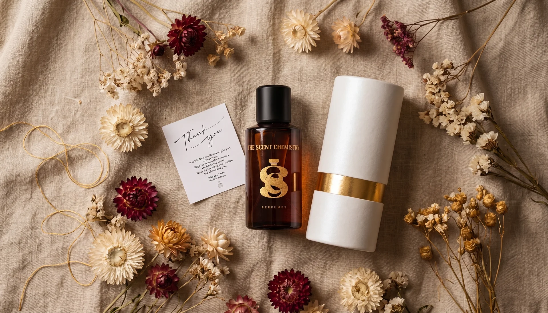 The Scent Chemistry perfume presented among dried botanicals