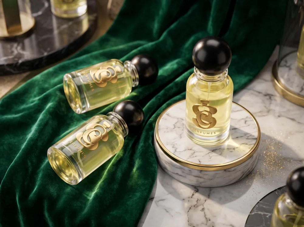 Golden perfume bottles arranged on emerald velvet